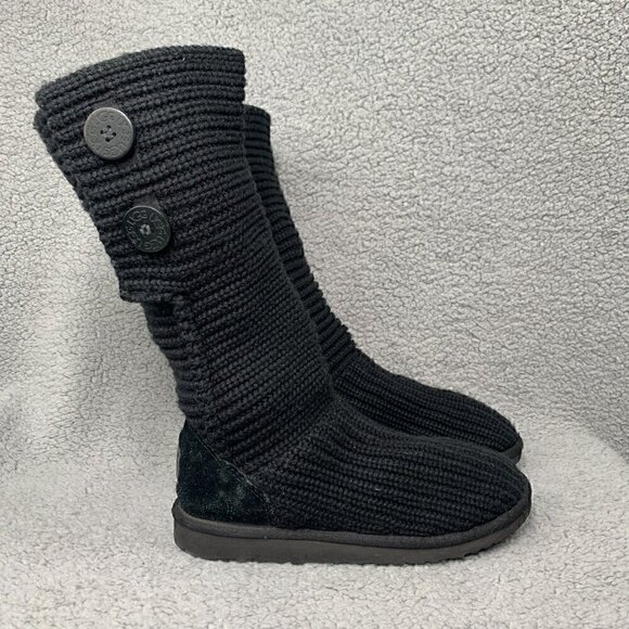 UGG Women's Classic Cardy Fold Over Two Button Tall Knit Boot-Black Suede, Sz 6 - Picture 6 of 16